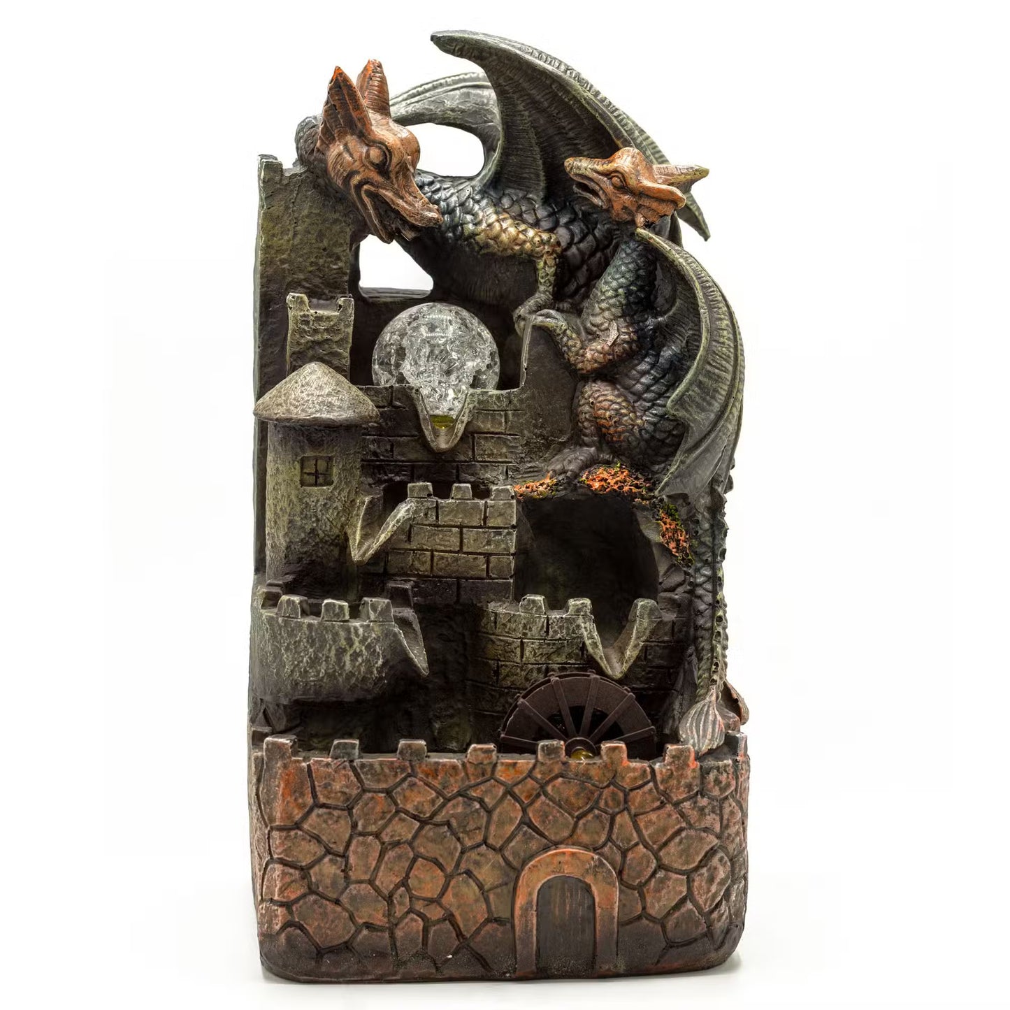 1x Tabletop Water Feature - 35cm - Dragons, Crystal Ball & Water Wheel