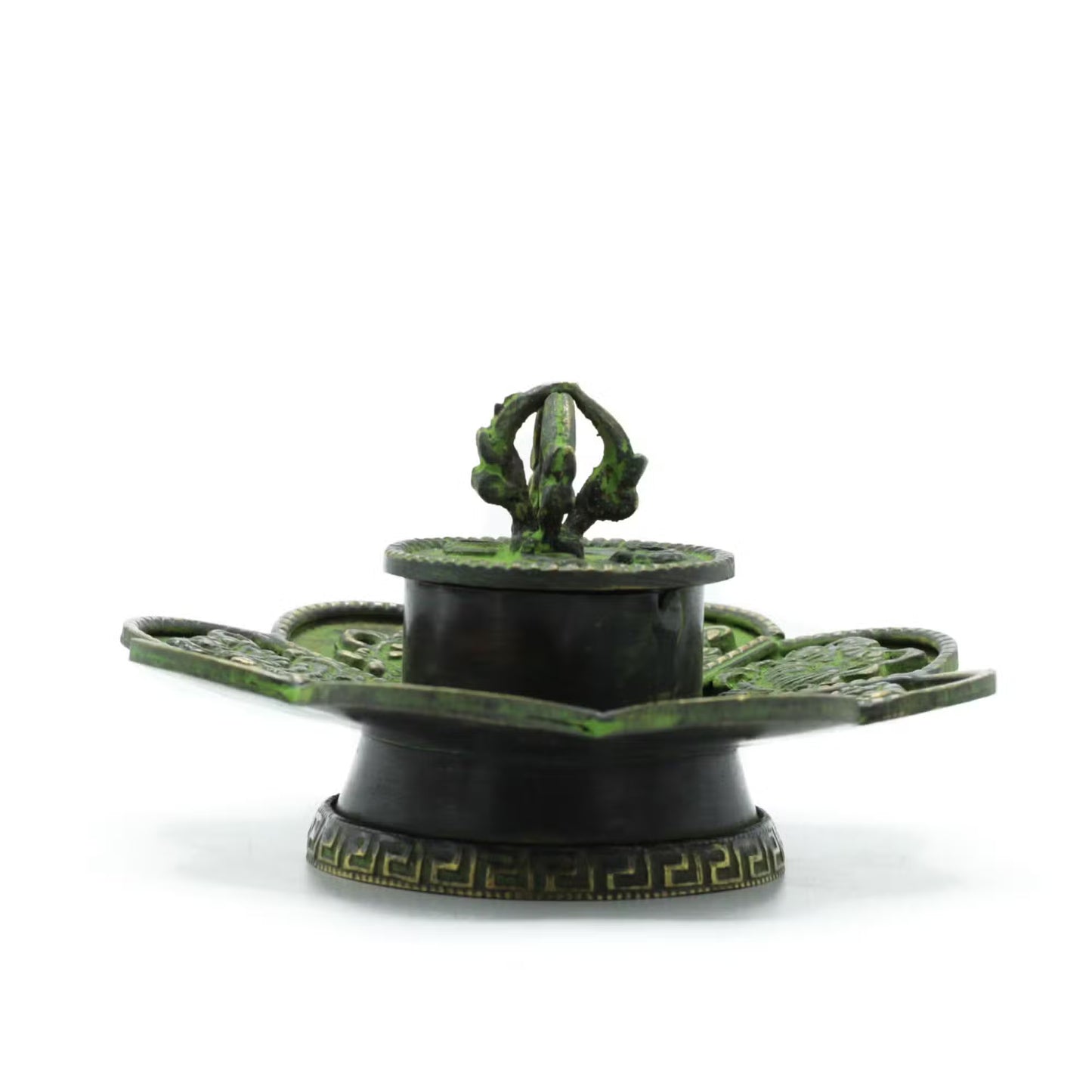 1x Brass Verdigris Tibetan Cone & Incense Holder - Eight Symbols