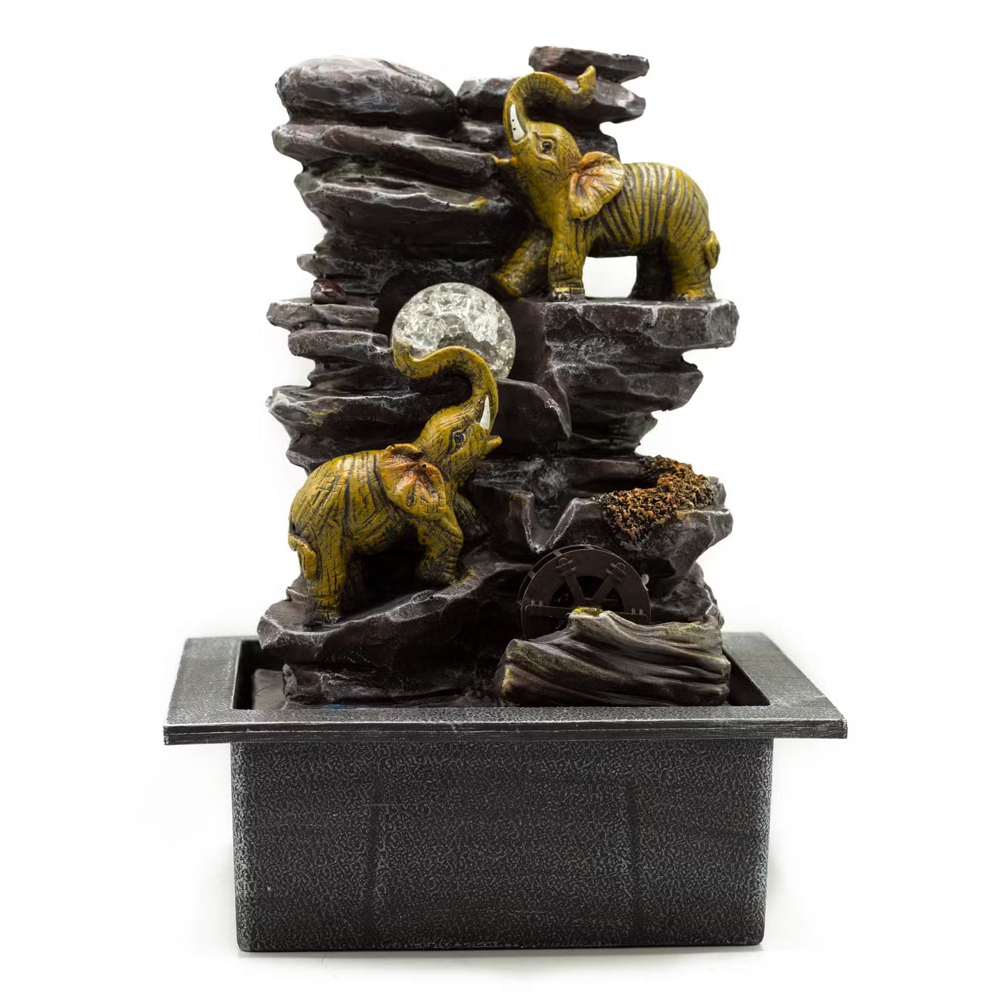 1x Tabletop Water Feature - 35cm - Elephants, Crystal Ball & Water Wheel