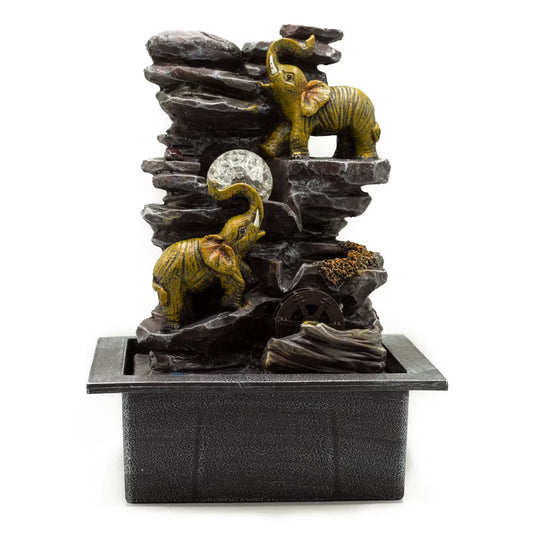 1x Tabletop Water Feature - 35cm - Elephants, Crystal Ball & Water Wheel